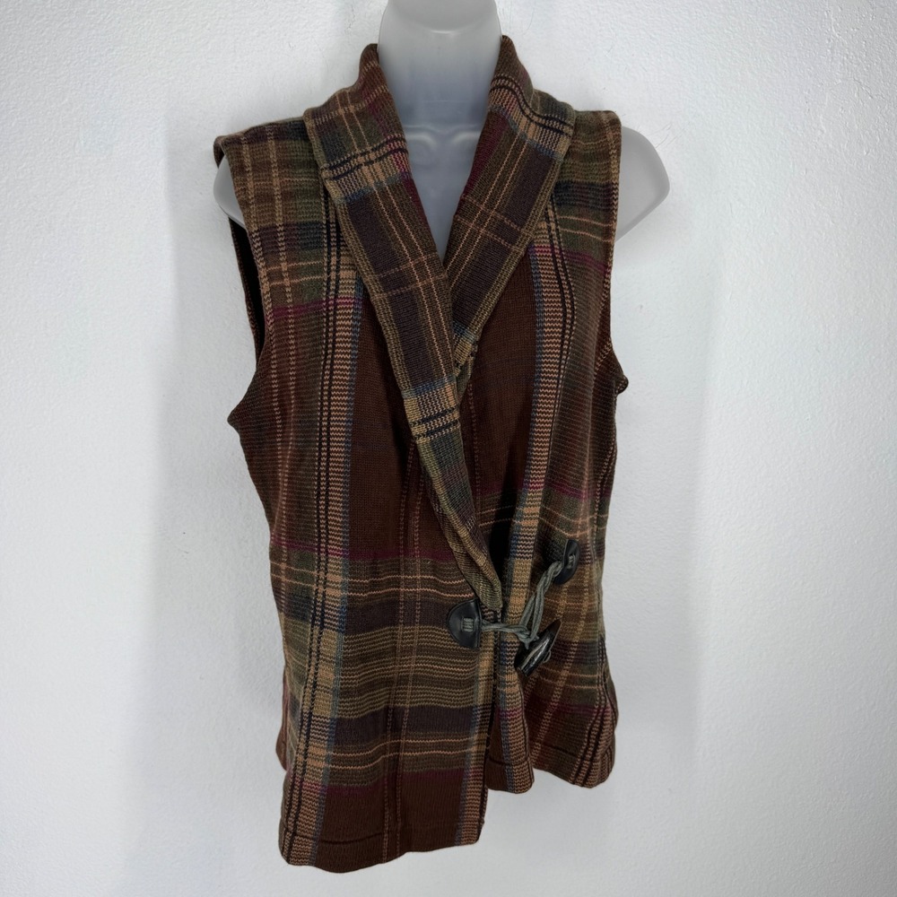 Ralph Lauren Brown Tartan Plaid Cotton Knit Toggle Wrap Sweater Vest Size M